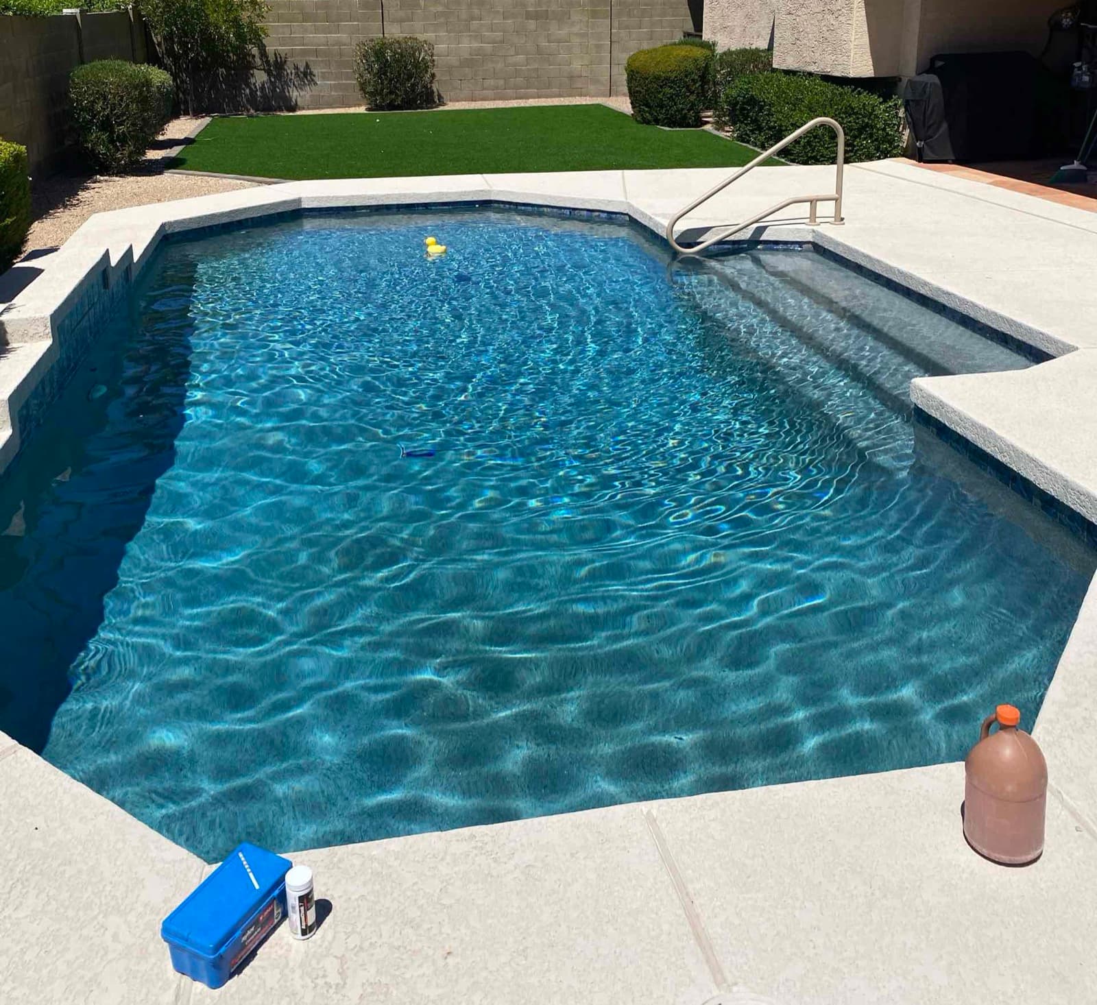 Example: a rectangular backyard pool photographed from the deck, the whole surface in frame and the floor visible through clear water.